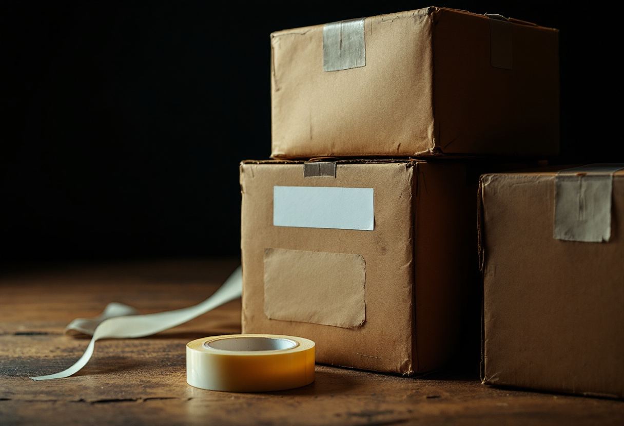 Cajas de archivo etiquetadas y cinta de embalar. Material que se guarda y se cede.